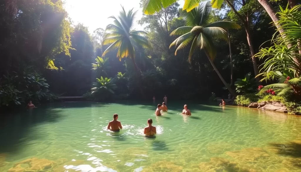 A tranquil natural spring nestled in the lush greenery of Ometepe Island, Nicaragua. Sunlight filters through the canopy, casting a warm glow on the crystal-clear waters of Ojo de Agua. Bathers wade in the refreshing pool, surrounded by towering palm trees and vibrant tropical foliage. The scene exudes a sense of peaceful serenity, inviting visitors to pause and immerse themselves in the island's natural beauty. Capture the essence of this idyllic oasis with a wide-angle lens, showcasing the spring's serene ambiance and the lush, verdant landscape that envelops it.