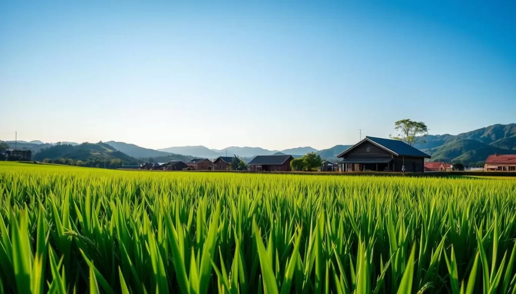A tranquil rice field in Niigata City, Japan, under a clear blue sky. In the foreground, rows of lush green rice plants sway gently in the soft breeze. The middle ground reveals a traditional wooden farmhouse, its warm hues contrasting with the vibrant foliage. In the background, rolling hills and distant mountains create a picturesque landscape. The scene is illuminated by natural, golden-hour lighting, casting a serene, nostalgic atmosphere. Capture this quintessential glimpse of Japan's rural charm and the importance of rice cultivation to the local community.