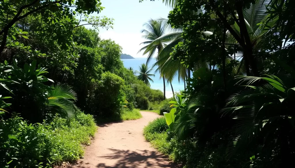 A tranquil scene in Cahuita National Park, Costa Rica, on a bright, sunny day. The lush, verdant foliage of the tropical rainforest fills the middle ground, with sunlight filtering through the canopy. In the foreground, a winding dirt trail leads through the undergrowth, inviting the viewer to explore. In the background, the azure Caribbean Sea glistens, with the silhouettes of swaying palm trees along the coastline. The overall atmosphere is one of serenity and natural beauty, capturing the essence of this protected paradise.