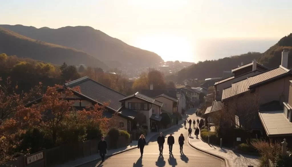 A tranquil scene in Miyagi Prefecture during the off-season. A serene coastal town nestled between rolling hills, with a traditional ryokan peeking through the lush foliage. Pedestrians stroll along the picturesque streets, admiring the well-preserved historic architecture bathed in the soft, golden light of an autumn afternoon. In the distance, the glimmering Sea of Japan reflects the warm hues of the setting sun, creating a calming and inviting atmosphere. The lack of crowds allows for a peaceful and contemplative exploration of the region's natural beauty and cultural heritage.