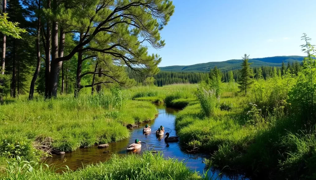 A tranquil scene in the heart of Spruce Woods Provincial Park, Manitoba. The foreground showcases a small stream winding through lush vegetation, with a family of ducks gracefully gliding across the calm surface. In the middle ground, a dense forest canopy casts dappled shadows, hinting at the diverse wildlife that inhabits this protected ecosystem. The background features rolling hills and a clear blue sky, creating a serene and inviting atmosphere. The lighting is soft and natural, capturing the essence of a picturesque day for wildlife viewing. Captured through a wide-angle lens, this scene invites the viewer to immerse themselves in the beauty and wonder of Spruce Woods' abundant natural treasures.