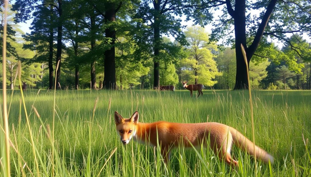 A tranquil scene in the lush De Hoge Veluwe National Park, Netherlands. In the foreground, a fox slyly emerges from the tall grasses, its reddish-orange fur gleaming in the warm afternoon sunlight. In the middle ground, a pair of deer graze peacefully, their alert ears scanning the surroundings. Tall, verdant trees frame the scene, their dappled shadows playing across the forest floor. The air is crisp and clear, inviting the viewer to immerse themselves in this serene wildlife observation experience.