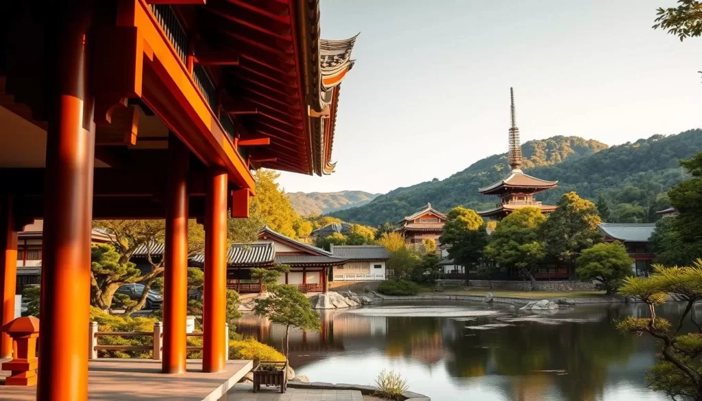 A tranquil scene of Kyoto's iconic temples nestled amidst lush greenery. In the foreground, the elegant wooden architecture of a Shinto shrine, its vermilion pillars and ornate roof tiles bathed in warm, golden sunlight. The middle ground reveals a serene pond, its still waters reflecting the towering pagoda of a nearby Buddhist temple. In the background, rolling hills draped in verdant foliage frame the picturesque landscape. The atmosphere is one of profound peace and timeless beauty, capturing the essence of Kyoto's rich cultural heritage. Shoot with a wide-angle lens to emphasize the depth and grandeur of the scene.