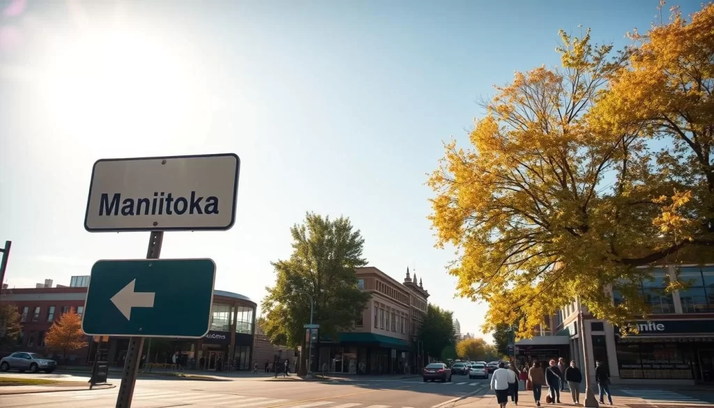 A tranquil scene of Manitoba, Canada, where the official languages of English and French harmoniously coexist. In the foreground, a bilingual road sign stands tall, guiding travelers through the province's diverse linguistic landscape. In the middle ground, a bustling city street showcases the vibrant integration of both languages, with storefronts and pedestrians reflecting the inclusive nature of the region. The background features a serene, sun-dappled natural setting, symbolizing the balance and unity found in Manitoba's linguistic tapestry. Captured with a wide-angle lens and warm, golden lighting, this image conveys the essence of the province's commitment to its official languages.