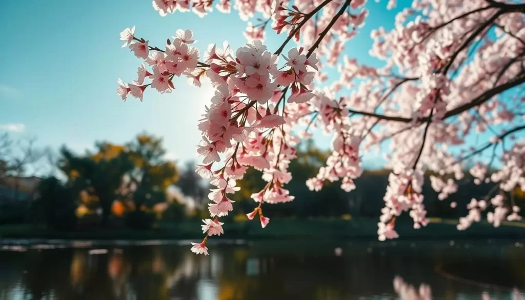 A tranquil scene of Saitama's iconic cherry blossoms in full bloom, bathed in soft, warm light. Delicate pink petals cascade gracefully against a backdrop of verdant foliage and a clear azure sky. In the foreground, a serene pond reflects the delicate blooms, creating a harmonious, mirror-like effect. A gentle breeze rustles the branches, inviting the viewer to pause and bask in the serene ambiance of this picturesque spring setting. The composition is balanced, with the blossoms taking center stage, framed by the lush surroundings. The overall mood is one of peaceful contemplation, capturing the essence of Saitama's springtime splendor.
