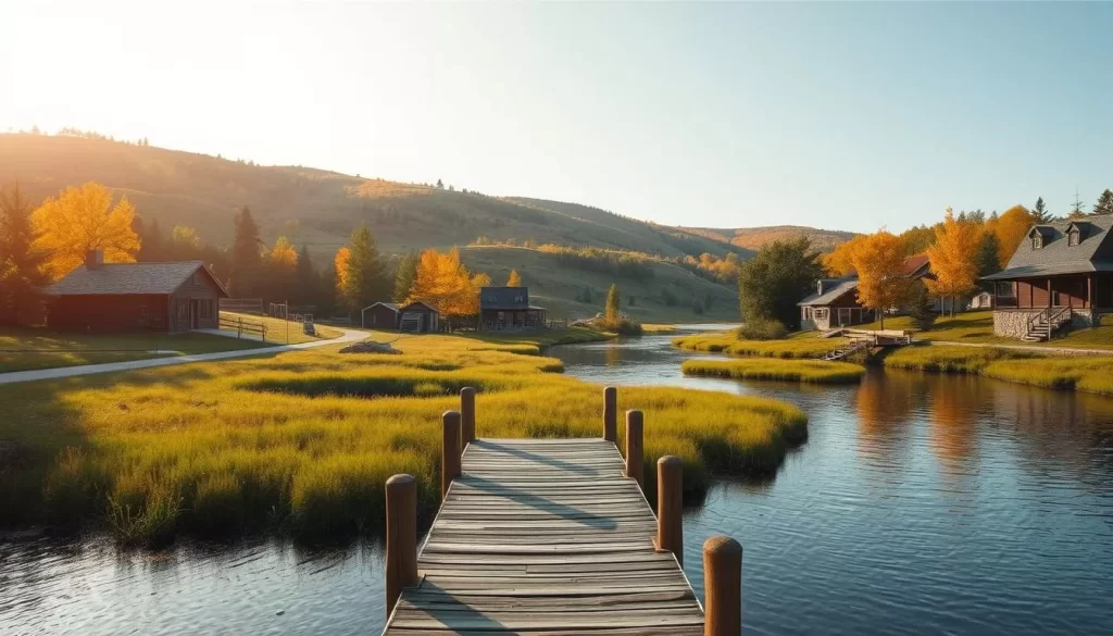 A tranquil scene of the Swan River in Manitoba, Canada, capturing the essence of its historical and cultural significance. A picturesque landscape unfolds, with the serene river meandering through lush, verdant banks. In the foreground, a wooden dock extends into the water, inviting visitors to engage with the natural surroundings. The middle ground features traditional wooden structures, their architecture reflecting the region's heritage. The background showcases a gently rolling hillside, adorned with a tapestry of trees in their vibrant autumnal hues. Warm, diffused sunlight bathes the scene, creating a welcoming and nostalgic atmosphere, as if transporting the viewer to a bygone era of tranquility and cultural exploration.