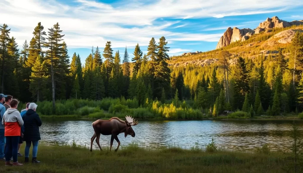 A tranquil scene of wildlife viewing in Nopiming Provincial Park, Manitoba. In the foreground, a group of visitors observe a majestic moose grazing peacefully by a calm, reflective lake. The middle ground features lush boreal forest, with towering pines and dense, verdant undergrowth. The background showcases the park's rugged, rocky terrain, capped by a brilliant blue sky with wispy clouds. Warm, natural lighting filters through the trees, casting a gentle glow over the entire tableau. The overall mood is one of serene appreciation for the park's abundant natural wonders, inviting the viewer to immerse themselves in this tranquil wilderness setting.