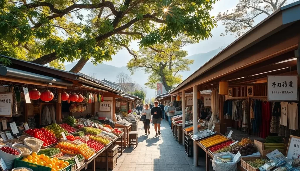 A tranquil scene unfolding against the backdrop of a serene Japanese landscape. In the foreground, an array of vibrant local produce and artisanal goods displayed on rustic wooden stalls, their prices fluctuating gently with the changing seasons. Sunlight filters through the canopy of trees, casting a warm, golden glow over the bustling open-air market. In the middle ground, shoppers stroll leisurely, examining the offerings with an experienced eye. The overall atmosphere is one of quiet contentment, a reflection of the ebb and flow of commerce throughout the year in this weather-blessed region.