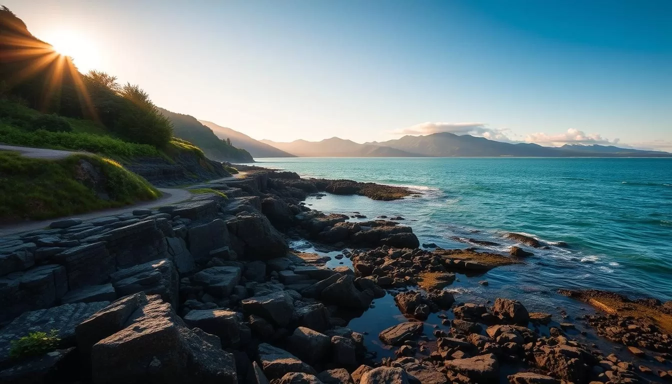 A tranquil seaside landscape in Sanin Kaigan National Park, Japan. The sun's golden rays illuminate the rugged cliffs, casting long shadows across the serene, turquoise waters. In the foreground, a rocky shore is dotted with tide pools teeming with marine life. The middle ground features a winding coastal trail, flanked by lush, verdant foliage. In the distance, majestic mountains rise up, their peaks shrouded in wispy clouds. The overall scene conveys a sense of peaceful, natural beauty, inviting the viewer to explore this picturesque corner of the Japanese coastline.