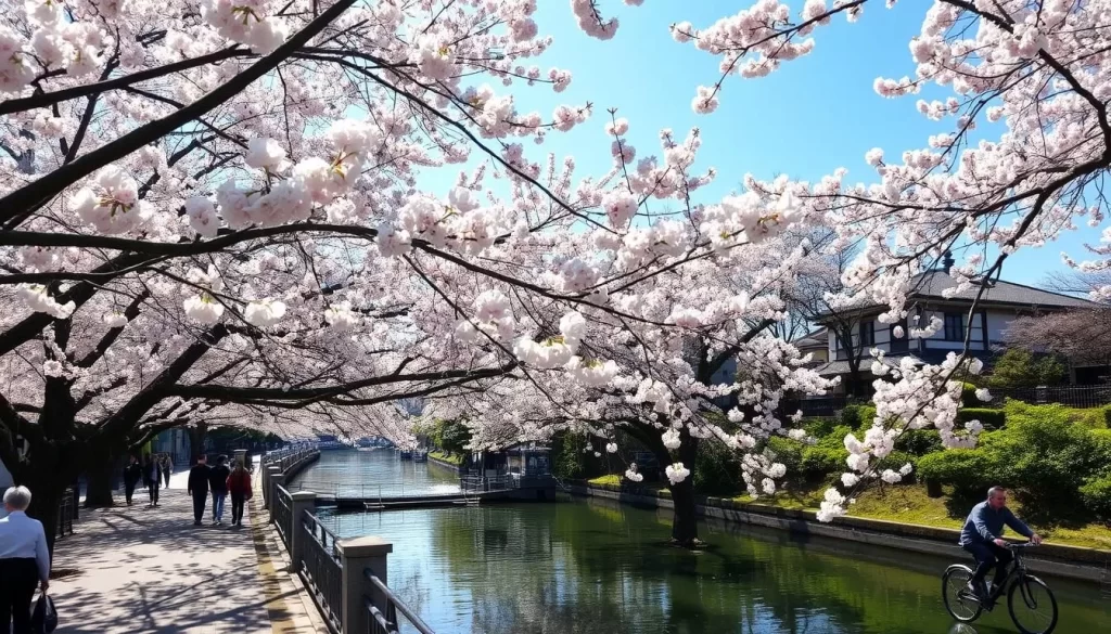 A tranquil spring day along the Meguro River in Tokyo, Japan. Cherry blossom trees in full bloom line the riverbanks, their delicate pink petals gently floating in the soft breeze. Sunlight dapples the calm waters, reflecting the graceful arching branches. Strolling pedestrians and cyclists enjoy the serene atmosphere, taking in the seasonal beauty. The scene is framed by traditional architecture and lush greenery in the background, creating a picturesque and quintessentially Japanese landscape.