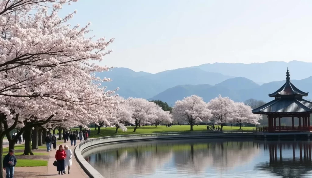 A tranquil spring day at Lake Biwa, Shiga Prefecture, Japan. Cherry blossom trees in full bloom line the lakeshore, their delicate pink petals swaying gently in the mild breeze. Reflected in the calm waters, the blossoms create a serene, dreamlike scene. In the foreground, people stroll along the promenade, taking in the picturesque landscape. The middle ground features a traditional wooden pavilion, its elegant architecture complementing the natural beauty. In the background, rolling hills and mountains form a majestic backdrop, bathed in soft, diffused sunlight. The overall atmosphere is one of tranquility, beauty, and the essence of a Japanese spring.