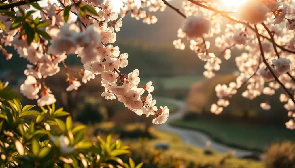 A tranquil spring scene in Kumamoto, Japan, showcasing the ethereal beauty of cherry blossoms in full bloom. Delicate petals flutter gently in the soft breeze, casting a dreamy, pastel hue across the landscape. Lush green foliage frames the romantic scene, while the warm, golden sunlight filters through the blossoms, creating a warm, inviting atmosphere. The image captures the serene charm of Kumamoto's picturesque countryside during the prime cherry blossom season, inviting the viewer to immerse themselves in the natural splendor of this stunning Japanese prefecture.