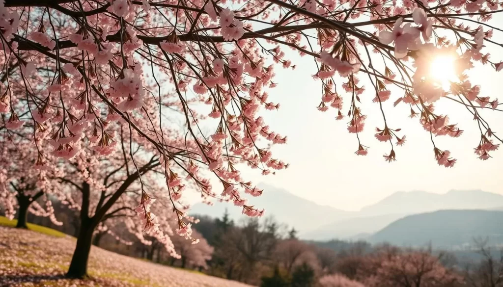 A tranquil spring scene in Yamanashi, Japan. Delicate pink cherry blossoms sway gently in a light breeze, their petals cascading down to carpet the ground in a soft, floral blanket. Sunlight filters through the canopy, casting a warm, golden glow over the serene landscape. In the distance, majestic mountains rise, their snow-capped peaks peeking through the hazy horizon. The air is pleasantly cool, the atmosphere peaceful and inviting. This is spring in Yamanashi, a time of natural beauty and mild weather, perfect for a weather-savvy trip.