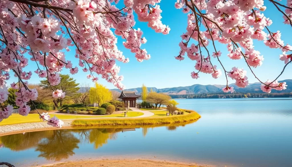 A tranquil springtime scene in Chiba Prefecture, Japan, during cherry blossom season. A lush canopy of delicate pink petals sways gently in a soft breeze, casting a warm, dreamy glow over a serene lakeside landscape. In the foreground, a few scattered blossoms float gracefully on the still surface of the water, mirroring the beauty above. The middle ground features a traditional wooden bridge leading to a path winding through a verdant garden, inviting the viewer to take a leisurely stroll. Beyond, rolling hills and a clear blue sky complete the idyllic pastoral setting, capturing the tranquil essence of spring in this picturesque region.