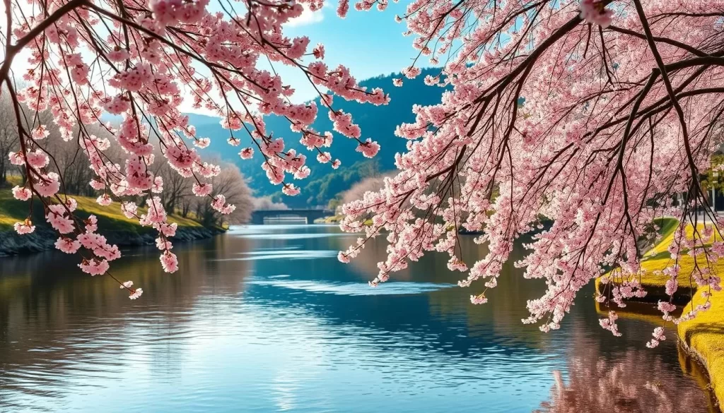 A tranquil springtime scene in Tokushima Prefecture, Japan. A gentle breeze rustles the lush, pink-hued cherry blossoms that cascade gracefully over a serene, gently flowing river. The delicate petals dance on the water's surface, creating a mesmerizing reflection. Warm, soft lighting illuminates the vibrant foliage, casting a peaceful, idyllic atmosphere. In the background, rolling hills and lush, verdant forests provide a picturesque natural backdrop. This quintessential springtime landscape captures the essence of the mild, weather-perfect conditions in Tokushima during the cherry blossom season.