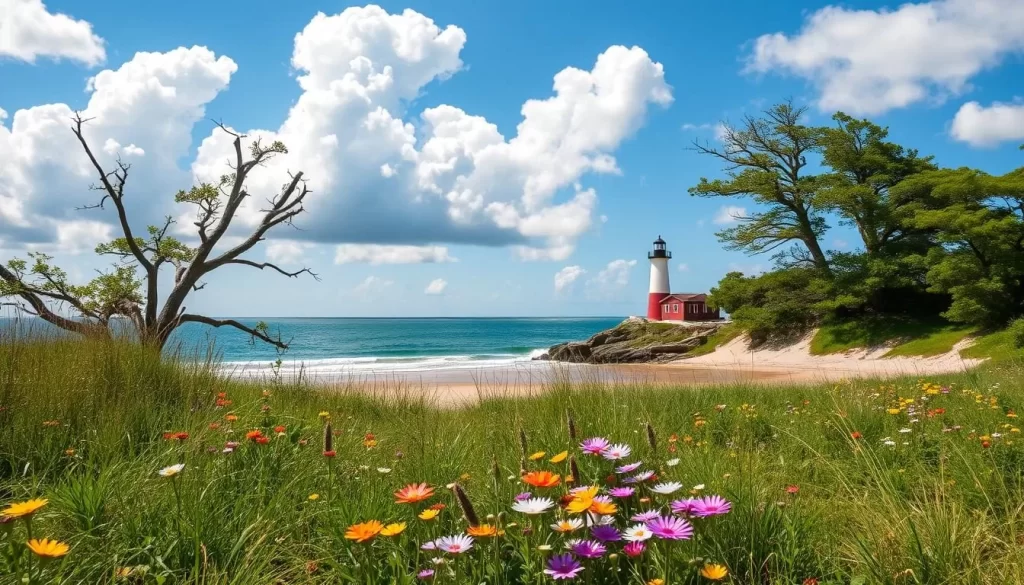 A tranquil summer day on Prince Edward Island, Canada. Warm sunshine bathes a picturesque coastal scene, with gentle waves lapping against a sandy beach. In the foreground, vibrant wildflowers dot the lush green grasses. A quaint lighthouse stands in the middle distance, its red-and-white striped tower casting a soft shadow. Billowing white clouds drift across a serene azure sky, while a gentle breeze rustles the leaves of nearby oak and maple trees. The overall atmosphere exudes a sense of peaceful relaxation, perfectly capturing the charm and beauty of a Prince Edward Island summer.