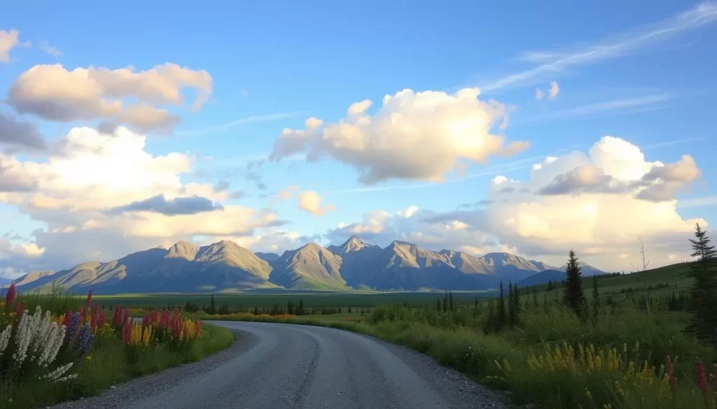 A tranquil summer scene along the Dempster Highway, Yukon. In the foreground, a winding gravel road leading into the distance, flanked by vibrant wildflowers and lush vegetation. In the middle ground, rugged mountains rise up, their peaks bathed in soft, golden light. The sky above is a brilliant blue, with fluffy white clouds drifting lazily overhead. The overall mood is one of peaceful solitude, inviting the viewer to explore the natural beauty of this remote northern landscape.