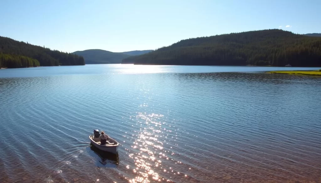 A tranquil summer scene of West Hawk Lake, nestled in the heart of the Canadian Shield. Crystalline waters reflect the surrounding pine-forested hills under a bright, cloudless sky. In the foreground, a small fishing boat drifts peacefully, its occupants silhouetted against the shimmering surface. Distant shores are lined with lush, green vegetation, inviting visitors to explore the serene natural beauty of this picturesque lake. Warm, golden sunlight bathes the entire scene, creating a sense of calm and relaxation. Shot with a wide-angle lens to capture the expansive landscape, this idyllic image perfectly encapsulates the tranquil charm of West Hawk Lake.
