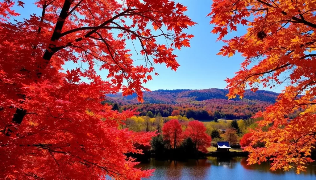 A tranquil, sun-dappled scene of Shiga Prefecture's vibrant autumn foliage. Lush, fiery red and golden maple trees dominate the foreground, their leaves gently swaying in a light breeze. The middle ground features a serene pond, its surface reflecting the surrounding colors in a mesmerizing dance of light and shadow. In the distance, rolling hills covered in a patchwork of autumnal hues stretch out towards a clear, azure sky. The overall mood is one of peaceful contemplation, inviting the viewer to pause and savor the natural beauty of this picturesque Japanese landscape.
