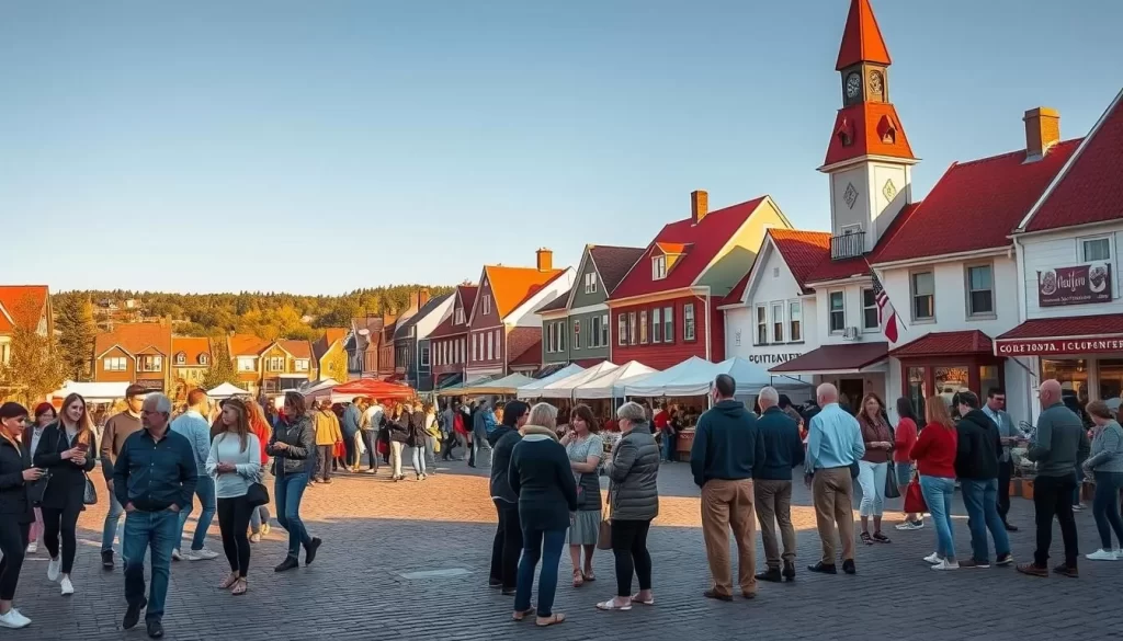 A tranquil town square in Prince Edward Island, Canada, with a diverse crowd of residents engaged in lively conversations. The scene is bathed in warm, golden sunlight, casting gentle shadows across the cobblestoned pavement. In the foreground, a group of people representing the island's multilingual population - English, French, and various indigenous languages - animatedly discuss the day's events. In the middle ground, a vibrant outdoor market showcases the island's cultural richness, with vendors offering a variety of goods and wares. In the background, the iconic red-roofed buildings and lush greenery of the island's landscape provide a picturesque backdrop, reflecting the harmony and integration of the community's linguistic diversity.