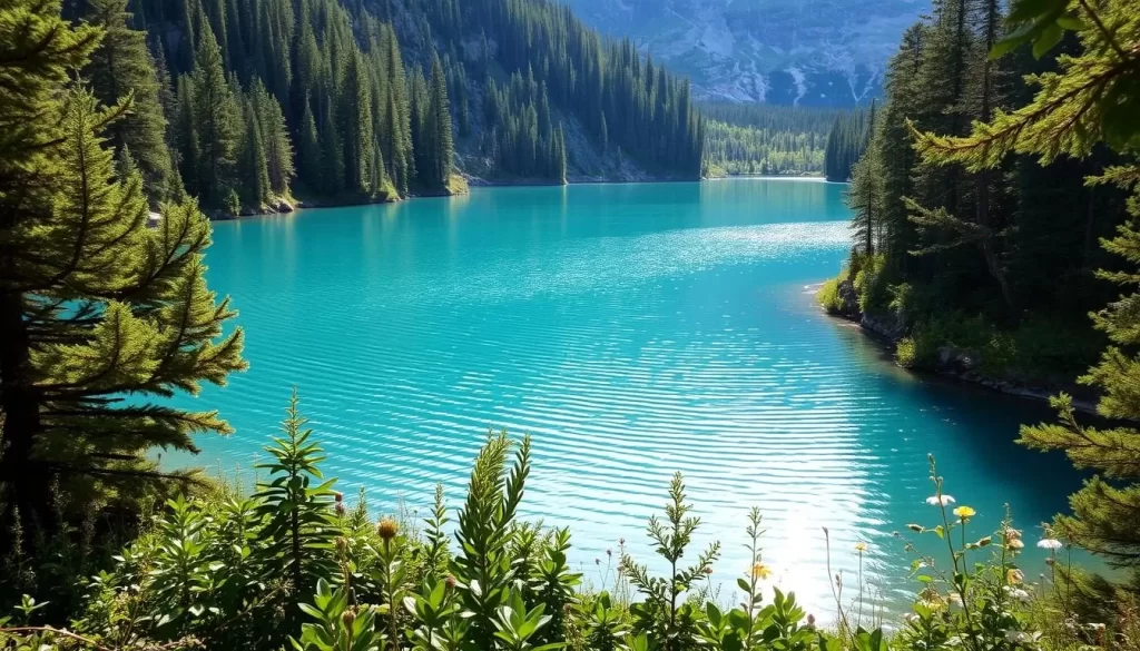 A tranquil, turquoise lake nestled amidst lush, verdant foliage. Sunlight gently dances across the still surface, creating a mesmerizing pattern of ripples. The shores are lined with towering evergreens and wildflowers, setting the scene for a peaceful, serene landscape. A gentle breeze whispers through the trees, adding a touch of movement to the otherwise calm scene. The lake is framed by rugged, rocky cliffs, creating a sense of seclusion and natural wonder. The overall atmosphere is one of calm, natural beauty, inviting the viewer to immerse themselves in the tranquility of this hidden gem.