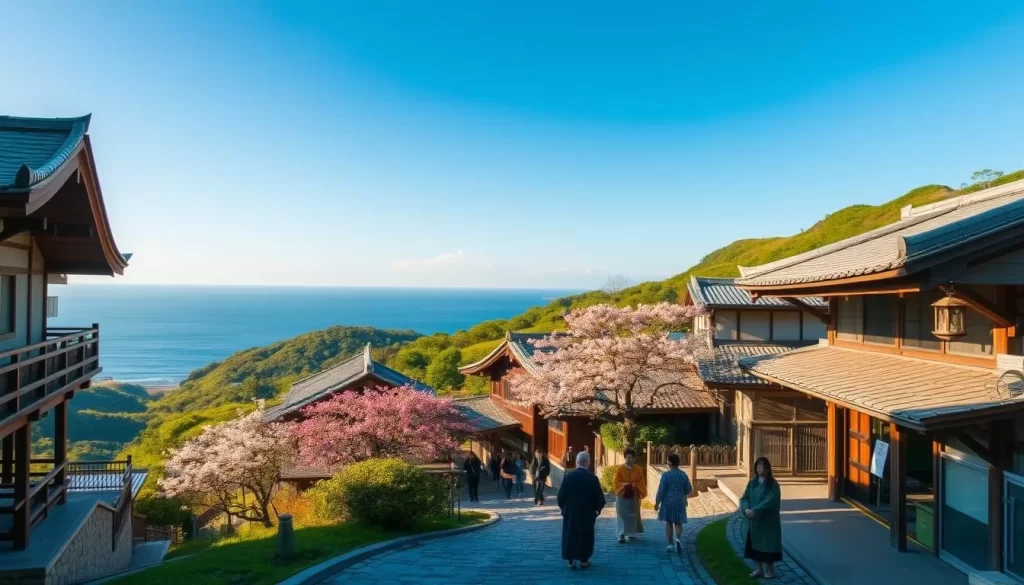 A tranquil village on the Bonin Islands, its traditional Japanese architecture and lush green landscapes bathed in warm afternoon sunlight. Ornate wooden temples and shrines stand amidst colorful cherry blossom trees, their delicate petals drifting in the gentle breeze. Local residents in traditional attire stroll leisurely down narrow cobblestone paths, showcasing the rich cultural tapestry of this remote Pacific archipelago. In the distance, a clear blue sky and the shimmering ocean horizon complete the serene, picturesque scene. Captured with a wide-angle lens to convey a sense of timeless harmony and reverence for the islands' storied past.
