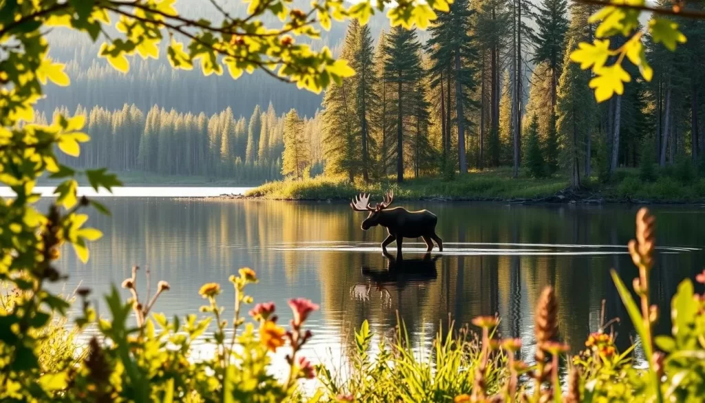 A tranquil wildlife viewing scene along the shoreline of Little Limestone Lake. In the foreground, lush green foliage and colorful wildflowers frame the view. In the middle ground, a pair of majestic moose wade gracefully through the shallows, their reflections rippling on the calm, glass-like surface of the lake. In the background, towering boreal forest trees rise up, their branches swaying gently in the soft breeze. The warm, golden light of the afternoon sun filters through the leaves, casting a serene, natural glow over the entire landscape. Capture the peaceful, unspoiled beauty of this pristine northern Manitoba setting.