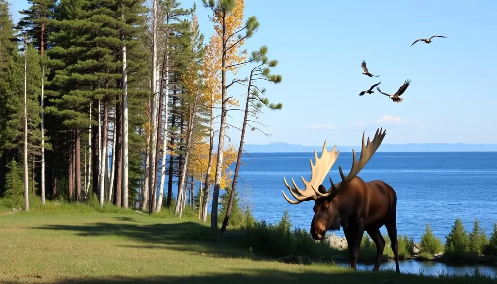 A tranquil wildlife viewing scene at Great Bear Lake, Northwest Territories. In the foreground, a majestic moose grazes peacefully by the water's edge, its large antlers casting dramatic shadows. The middle ground showcases a vibrant boreal forest, with tall pines and birch trees swaying gently in a soft breeze. Beyond, the vast expanse of the lake shimmers under a bright, cloudless sky, its surface dotted with the reflections of soaring bald eagles. The overall mood is one of serene wilderness, inviting the viewer to pause and immerse themselves in the natural beauty of this remote northern landscape.