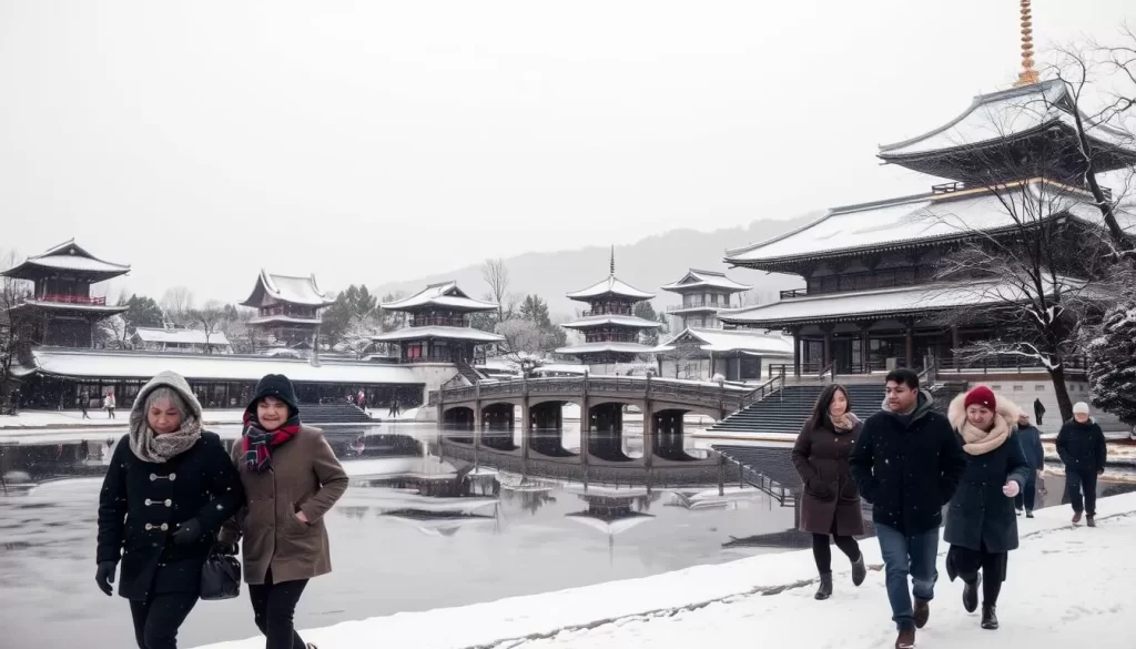 A tranquil winter scene in Kyoto, Japan. A serene snow-covered temple compound, its pagodas and bridges reflected in a frozen pond. In the foreground, bundled-up locals stroll leisurely, their breath visible in the crisp air. Gentle snowflakes drift from a pale, overcast sky, illuminated by soft, diffused natural light. The atmosphere is one of peaceful contemplation, a welcome respite from the crowds. Capture the essence of a less-crowded, meditative winter day in this historic city.