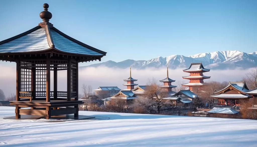 A tranquil winter scene in Nara, Japan. In the foreground, a traditional wooden pavilion stands amidst a snowy landscape, its elegant roof lines and delicate lattice work casting soft shadows on the pristine white ground. In the middle ground, ancient Buddhist temples and shrines peek out from behind a veil of mist, their roofs dusted with a light layer of snow. In the background, the majestic silhouettes of mountains rise up, their peaks capped with glistening snow. The atmosphere is serene and peaceful, with a warm, muted natural lighting that sets an inviting, tranquil mood. The scene conveys the quiet beauty and fewer crowds that characterize a winter visit to Nara.