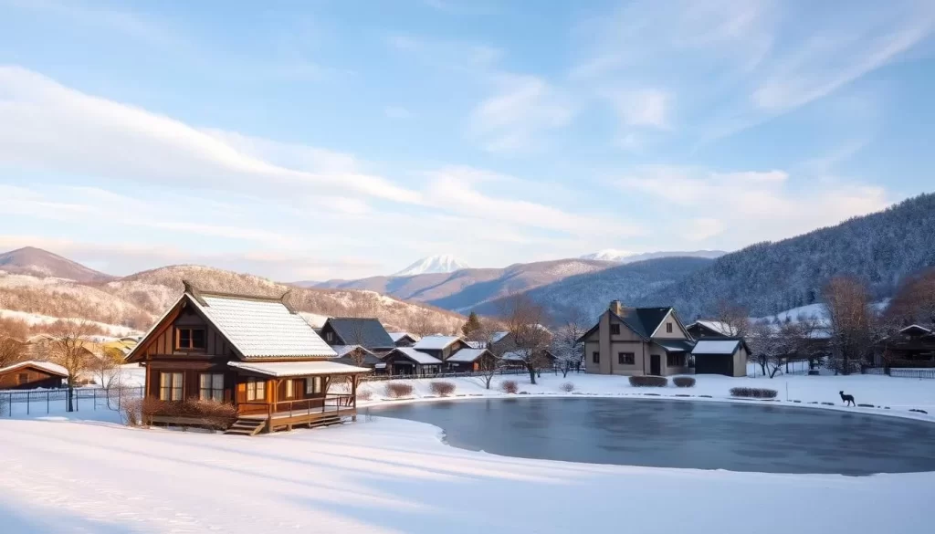 A tranquil winter scene in Saga Prefecture, Japan: a picturesque village nestled between rolling hills, dusted with a light layer of pristine snow. In the foreground, a charming traditional Japanese house with a tiled roof stands tall, its warm glow spilling out from the windows. Wispy clouds drift across a pale blue sky, casting soft shadows on the snow-covered landscape. In the middle ground, a frozen pond reflects the surrounding scenery, its surface dotted with the footprints of local wildlife. Distant peaks rise majestically in the background, their peaks capped with a delicate layer of white. The overall atmosphere is one of tranquility and serene beauty, perfectly capturing the mild and dry winter climate of Saga Prefecture.