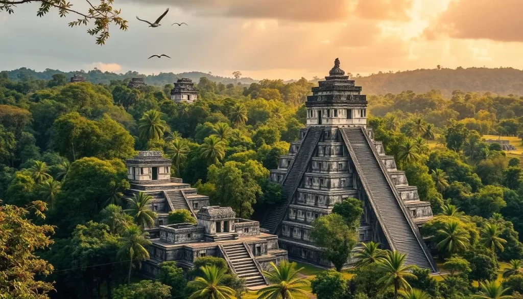A vast, ancient Mayan city nestled amidst lush, verdant jungle canopy. Towering stone pyramids and temples rise majestically, their time-worn facades bathed in warm, golden sunlight filtering through the leafy treetops. Exotic birds soar overhead, while the distant calls of howler monkeys echo through the tranquil air. Winding trails lead visitors through this awe-inspiring archaeological wonder, showcasing the remarkable architectural feats and rich cultural heritage of the Tikal civilization. Capture the essence of this captivating national park, where the past and present converge in a stunning natural setting.