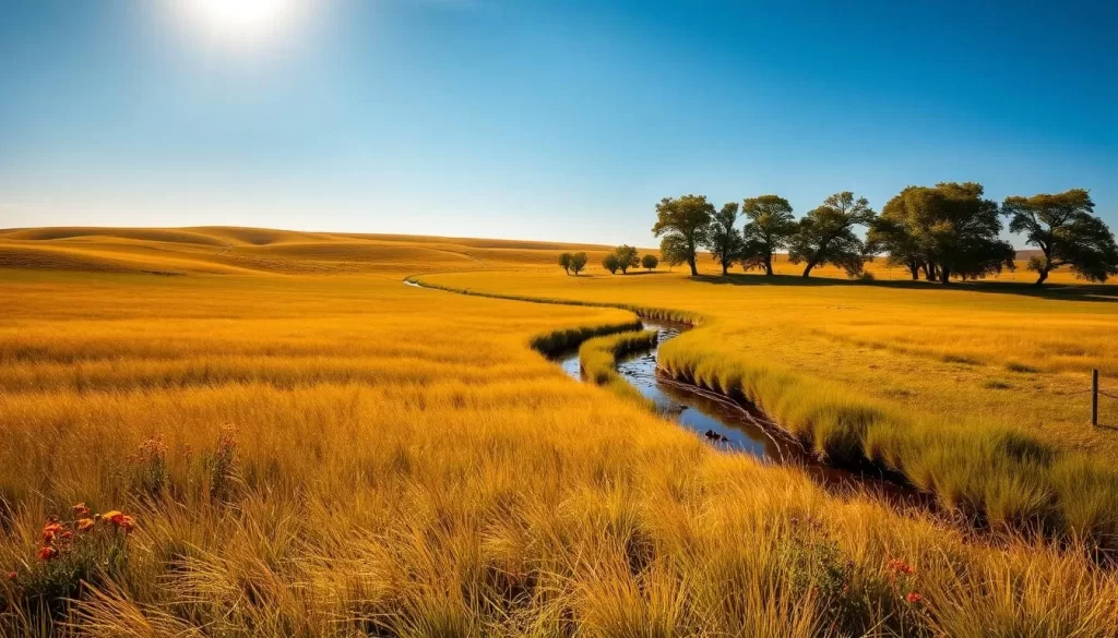 A vast expanse of gently rolling hills, the prairie landscape stretches out under a warm, golden sun. In the foreground, lush, swaying grass dotted with vibrant wildflowers sways in a light breeze. The middle ground reveals a meandering creek, its waters reflecting the azure sky above. In the distance, a line of majestic cottonwood trees stands tall, their leafy crowns casting dappled shadows across the scene. The atmosphere is serene and tranquil, inviting the viewer to bask in the natural beauty of this quintessential prairie panorama.