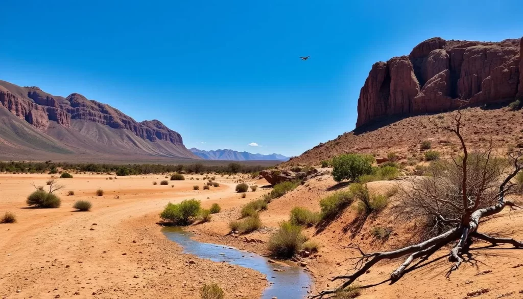 A vast expanse of parched earth under a cloudless, cerulean sky. Towering, sun-baked rock formations punctuate the horizon, casting long, dramatic shadows. Sparse, scrubby vegetation clings to the arid landscape, hinting at the resilience of life in this harsh environment. In the foreground, a dry riverbed winds its way through the scene, its banks dotted with the weathered remains of fallen trees. The air is still, save for the occasional flutter of a desert-adapted bird taking flight. The overall mood is one of rugged, untamed beauty - a testament to the resilience of Rwanda's natural wonders during the dry season.
