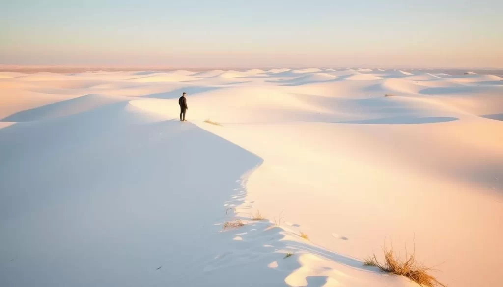 A vast expanse of pristine, white gypsum dunes stretch out before the viewer, glistening under the warm, golden sunlight. In the foreground, a lone figure stands atop a dune, gazing out over the serene, undulating landscape. The middle ground is dotted with various plant life, their muted greens and browns providing a subtle contrast to the stark whiteness. In the distance, the dunes gradually fade into the hazy blue sky, creating a sense of depth and scale. The scene is captured through a wide-angle lens, emphasizing the grandeur and vastness of White Sands National Park. The overall atmosphere is one of tranquility, solitude, and awe-inspiring natural beauty.