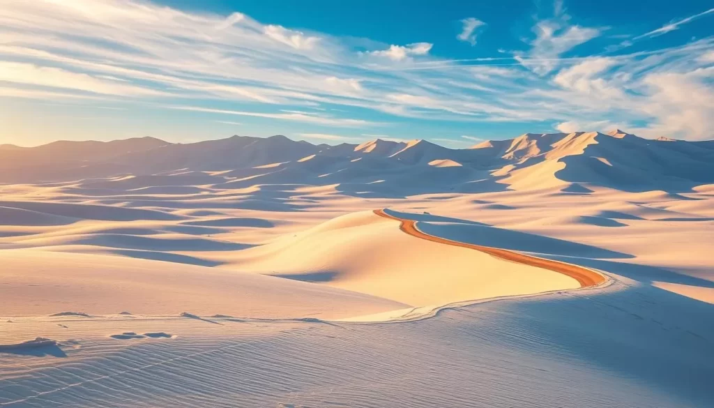 A vast expanse of pristine white sand dunes gently undulates under the warm, golden light of the sun. In the foreground, a winding road snakes through the dunes, inviting exploration. Towering peaks of sand stretch into the distance, their sharp ridges casting soft shadows that accentuate the textural details. The sky is a serene azure, dotted with wispy cirrus clouds that cast a diffused, dreamlike glow over the scene. The overall atmosphere is one of tranquility and wonder, perfectly capturing the essence of the Dunes Drive experience within the White Sands National Park.