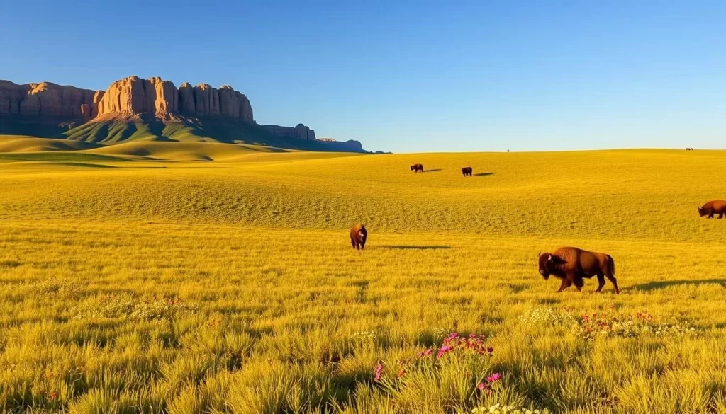 A vast expanse of rolling grasslands, bathed in the warm glow of a late afternoon sun. Lush, verdant meadows dotted with vibrant wildflowers sway gently in a soft breeze. In the distance, rugged sandstone cliffs rise majestically, casting long shadows across the undulating landscape. A herd of bison grazes peacefully, their shaggy silhouettes silhouetted against the clear, azure sky. The scene exudes a sense of tranquility and timelessness, inviting the viewer to immerse themselves in the natural beauty of Grasslands National Park.