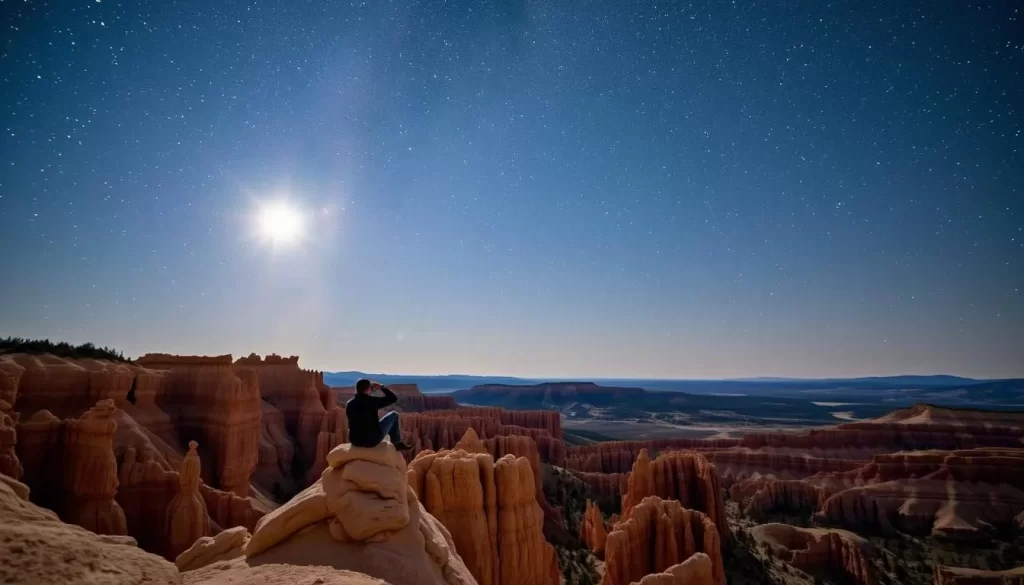 A vast expanse of the night sky, twinkling with a myriad of stars, illuminates the rugged, rust-colored hoodoos and pinnacles of Cedar Breaks National Monument. In the foreground, a lone stargazer sits atop a natural rock formation, captivated by the celestial display. The air is crisp and clear, allowing for optimal viewing conditions. Soft moonlight casts a gentle glow, accentuating the dramatic geological formations. The scene evokes a sense of wonder and tranquility, inviting the viewer to pause and bask in the beauty of this magnificent natural amphitheater under the celestial canopy.