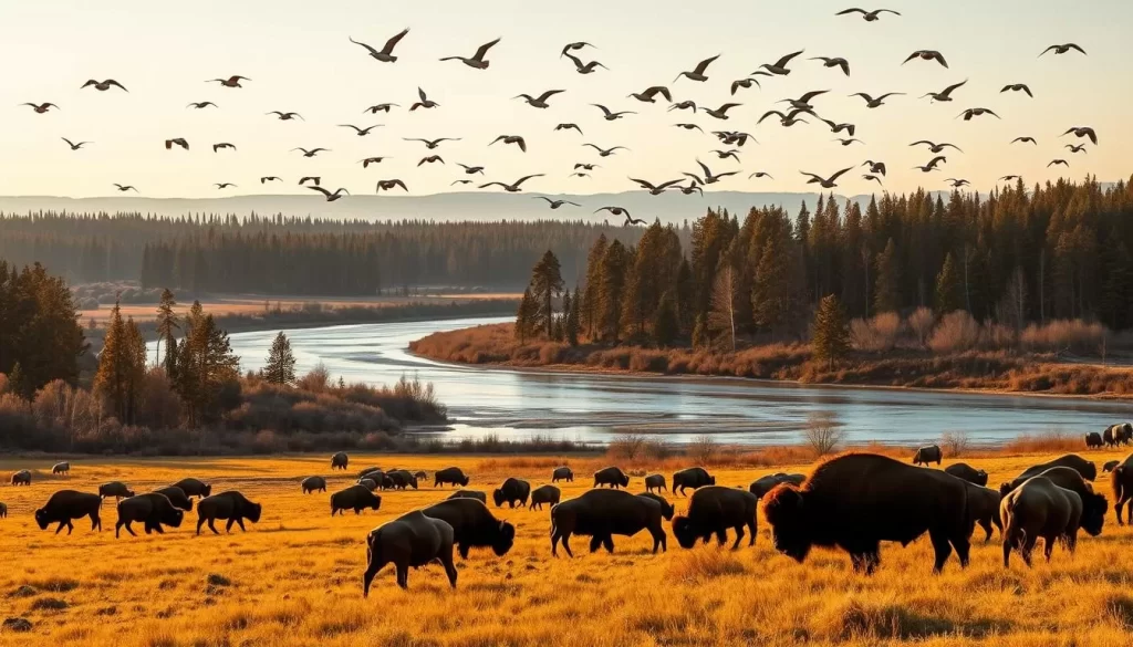 A vast expanse of untamed wilderness, where nature's symphony unfolds before the viewer's eyes. In the foreground, a herd of majestic bison graze peacefully, their massive frames silhouetted against the golden hues of the setting sun. In the middle ground, a winding river reflects the towering pines that line its banks, providing a serene backdrop for the wildlife. Overhead, a flock of geese soar gracefully, their V-shaped formation cutting through the crisp, clear sky. The air is alive with the calls of various avian species, creating a harmonious ambiance that transports the viewer to this captivating natural haven. Captured through the lens of a wide-angle camera, this scene invites the viewer to immerse themselves in the awe-inspiring beauty of the Wood Buffalo National Park.