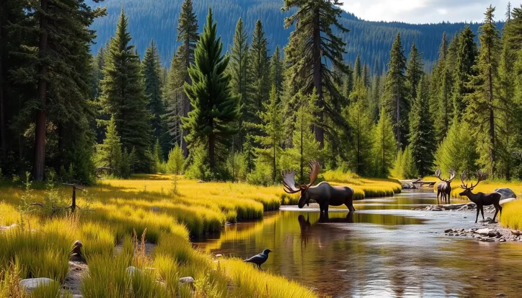 A vast, lush wilderness with towering pines and ancient spruce trees, their verdant canopies casting dappled shadows upon the forest floor below. In the dappled sunlight, a majestic moose emerges from the undergrowth, its great antlers silhouetted against the sky. Nearby, a graceful caribou pauses to drink from a crystal-clear stream, its reflection wavering in the gentle current. The air is filled with the calls of birds, from the melodic warble of the boreal chickadee to the haunting cry of the raven. This is the Dehcho Region, a land teeming with wildlife in perfect harmony with its pristine natural surroundings.