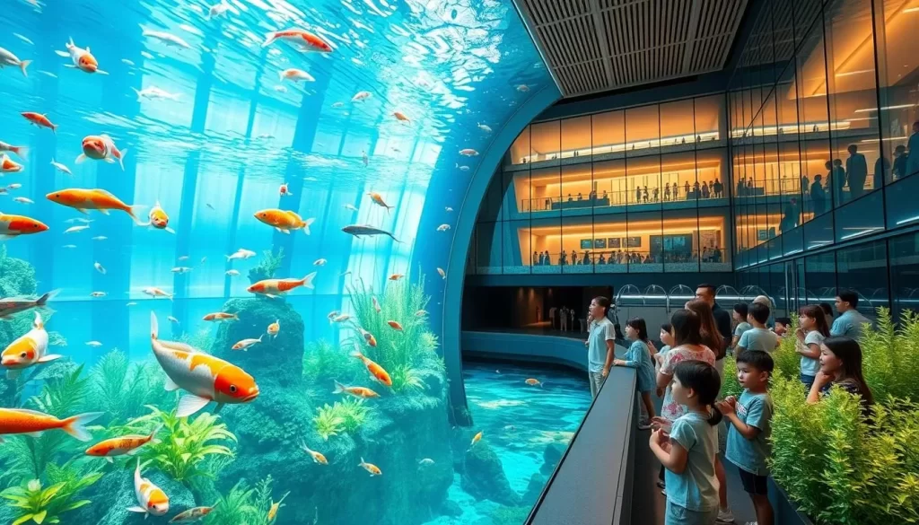 A vast, modern aquarium nestled in the heart of Gifu City, Japan. The Gifu World Fresh Water Aquarium Aquatotto stands tall, its sleek, glass-paneled exterior reflecting the azure sky above. Step inside to discover a mesmerizing underwater world, teeming with vibrant freshwater creatures. Observe majestic koi fish gliding gracefully through crystal-clear pools, surrounded by lush, verdant aquatic plants. The lighting is soft and natural, casting a warm, inviting glow throughout the cavernous space. Families gather in awe, children's faces pressed against the viewing windows, captivated by the aquatic life on display. Capture the essence of this family-friendly oasis, a true gem in the heart of Gifu City.