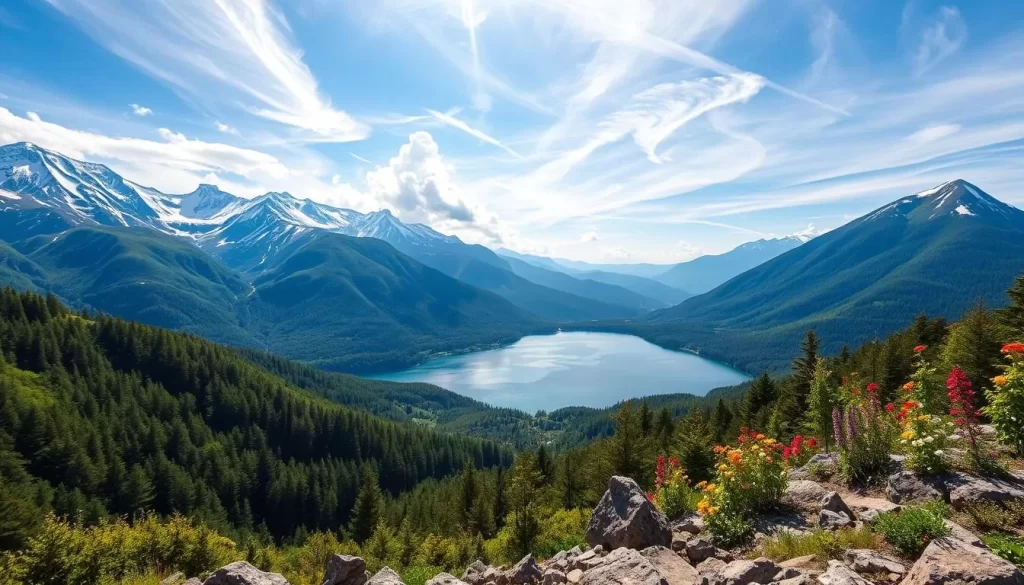 A vast panorama of Nagano's alpine landscape unfolds, with snow-capped peaks piercing the azure sky. In the foreground, a crystal-clear lake reflects the surrounding mountains, its tranquil waters lapping at the rocky shore. Lush, verdant forests cascade down the valley slopes, interspersed with vibrant wildflowers that sway gently in the warm breeze. Sunlight filters through wispy clouds, casting a warm, golden glow over the scene, evoking a sense of serenity and awe. The composition is balanced, with a harmonious interplay of natural elements that capture the essence of Nagano's captivating alpine charm.