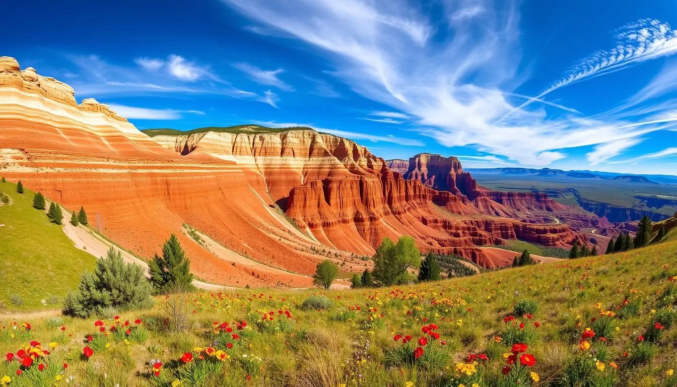 A vast panoramic view of Cedar Breaks National Monument in southern Utah. The dramatic amphitheater-like formation with its striking red, orange, and white hues is framed by a clear blue sky with wispy clouds. In the foreground, a lush alpine meadow dotted with vibrant wildflowers leads the eye towards the imposing cliffs. The sun casts warm, natural lighting across the scene, highlighting the intricate textures and contours of the geological wonder. Capture the serene, awe-inspiring atmosphere of this remarkable natural landscape.