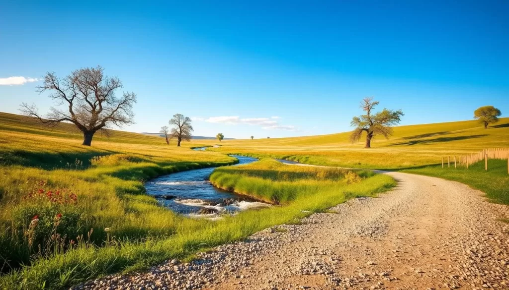 A vast prairie landscape under a cloudless azure sky, a swift current of water winding through verdant grasslands. Towering cottonwood trees dot the horizon, their leaves rustling in a gentle breeze. Wildflowers in vibrant hues - crimson, goldenrod, indigo - sway gently, adding pops of color to the serene scene. In the foreground, a gravel path leads the viewer into the tranquil tableau, inviting exploration of this picturesque prairie gem. Warm, golden rays of the sun cast a soft, natural illumination, highlighting the rolling hills and reflecting off the glistening water. The overall mood is one of peaceful solitude, a timeless slice of Saskatchewan's breathtaking prairie landscape.