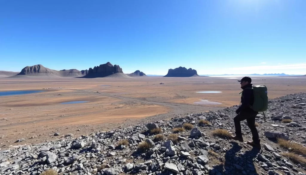 A vast, pristine landscape of the Belcher Islands, Nunavut, under a bright, clear sky. In the foreground, a well-equipped hiker navigates a rugged, rocky trail, backpack in tow. The middle ground reveals a serene, windswept tundra, dotted with scattered boulders and small lakes reflecting the azure heavens. Towards the horizon, ancient, jagged rock formations rise majestically, their weathered peaks touched by the warm, golden light of the sun. The overall scene conveys a sense of adventure, tranquility, and the awe-inspiring power of the Canadian Arctic wilderness.