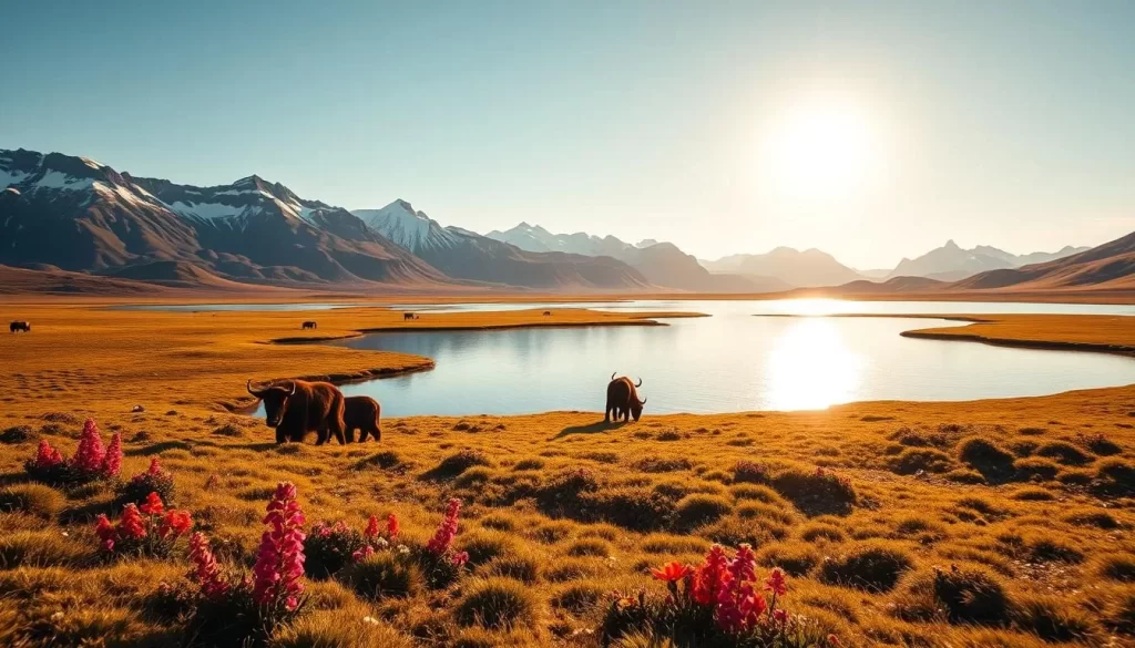A vast, pristine landscape unfolds before the viewer, nestled within the rugged Arctic tundra of Aulavik National Park. In the foreground, a shimmering lake reflects the towering peaks and glaciers that dot the horizon, bathed in the warm glow of a golden hour sun. Vibrant wildflowers dot the lush, mossy terrain, while in the middle ground, a herd of muskoxen grazes peacefully, their thick coats blending seamlessly with the surroundings. A clear, cloudless sky stretches overhead, creating a sense of tranquility and vastness that encapsulates the true essence of this untamed, remote wilderness. Captured with a wide-angle lens, this cinematic vista invites the viewer to immerse themselves in the awe-inspiring beauty and untamed spirit of Aulavik National Park.