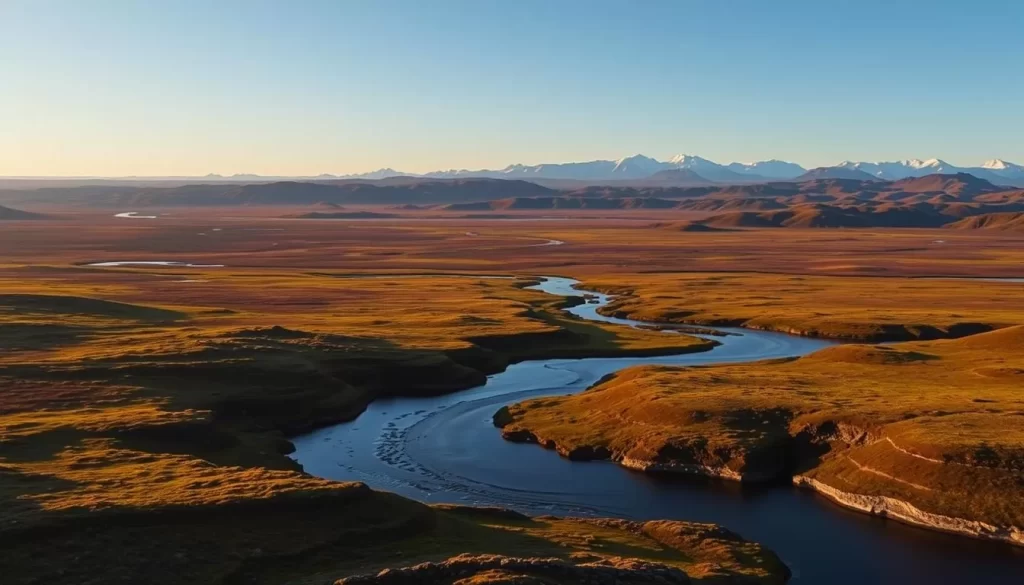 A vast, pristine tundra landscape stretches out before the viewer, bathed in the warm glow of the evening sun. In the foreground, a meandering river cuts through the rugged terrain, its crystal-clear waters reflecting the surrounding hills and valleys. In the middle ground, rolling hills covered in a tapestry of lush, mossy vegetation lead the eye towards the distant horizon, where snow-capped peaks rise majestically against a clear, azure sky. The scene is infused with a sense of tranquility and timelessness, capturing the breathtaking natural beauty of the Iqaluit Kuunga region.