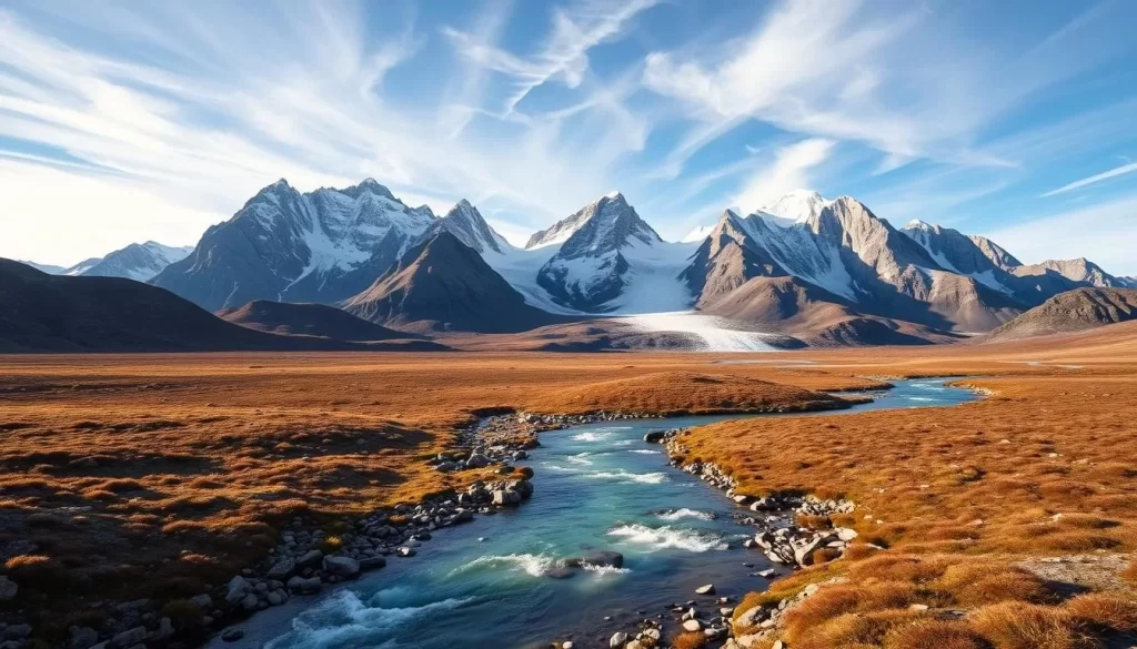A vast, rugged landscape of the Auyuittuq National Park, Nunavut, Canada. In the foreground, a pristine glacier-fed stream winds through the valley, its crystal-clear waters reflecting the towering granite peaks that rise majestically in the background. The sky is a brilliant blue, with wispy clouds casting gentle shadows over the rugged terrain. The middle ground is dotted with hardy tundra vegetation, hinting at the resilience of life in this Arctic wilderness. Soft, warm lighting illuminates the scene, creating a sense of tranquility and wonder. Captured with a wide-angle lens to showcase the grandeur of this untamed, breathtaking Canadian Arctic landscape.