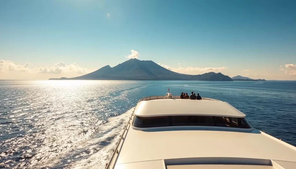 A vast, shimmering ocean stretches before a majestic ferry, its sleek white hull cutting through the calm waters. On the deck, passengers gaze in awe at the lush, volcanic islands of the Ogasawara Archipelago, their peaks rising dramatically from the horizon. Warm sunlight bathes the scene, casting a golden glow and creating crisp shadows that highlight the ferry's elegant lines. The composition frames the ferry as the central focus, emphasizing its role in transporting visitors to this remote and captivating destination. An atmosphere of tranquility and adventure pervades the image, inviting the viewer to imagine the journey ahead.