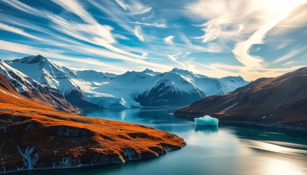 A vast, snow-capped landscape of Baffin Island, Nunavut, Canada. In the foreground, a stunning fjord with pristine turquoise waters reflecting the rugged, glaciated peaks. Towering cliffs and steep slopes covered in vibrant tundra vegetation line the shoreline. A dramatic sky filled with wispy clouds, bathed in warm, golden sunlight that casts long shadows across the scene. In the distance, a majestic iceberg drifts serenely, its intricate, crystalline structure glistening. The overall atmosphere exudes a sense of remote, untamed Arctic beauty, inviting the viewer to embark on an awe-inspiring journey of discovery.